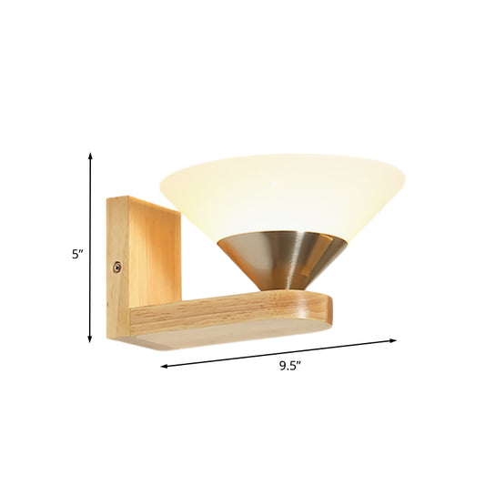 1 Bulb Bedside Wall Sconce Modern Wood and Nickel Wall Light Fixture with Cone White Glass Shade Clearhalo 'Cast Iron' 'Glass' 'Industrial' 'Modern wall lights' 'Modern' 'Tiffany' 'Traditional wall lights' 'Wall Lamps & Sconces' 'Wall Lights' Lighting' 731369