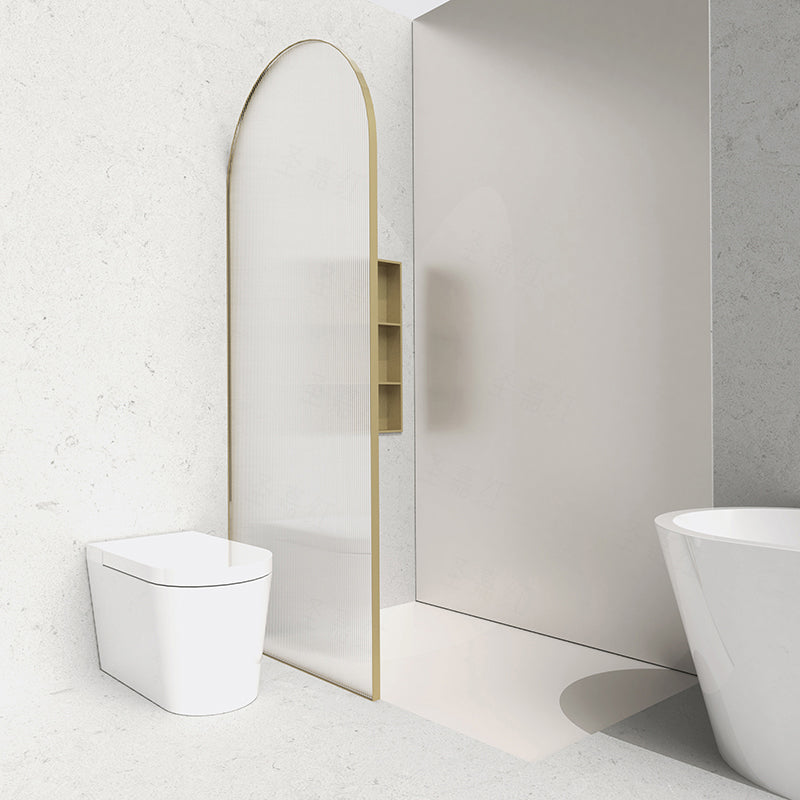 Metal Shower Door in Gold Finish, Tempered Single Fixed Framed Shower Bath Door Left Clearhalo 'Bathroom Remodel & Bathroom Fixtures' 'Home Improvement' 'home_improvement' 'home_improvement_shower_tub_doors' 'Shower and Tub Doors' 'shower_tub_doors' 'Showers & Bathtubs' 7314202
