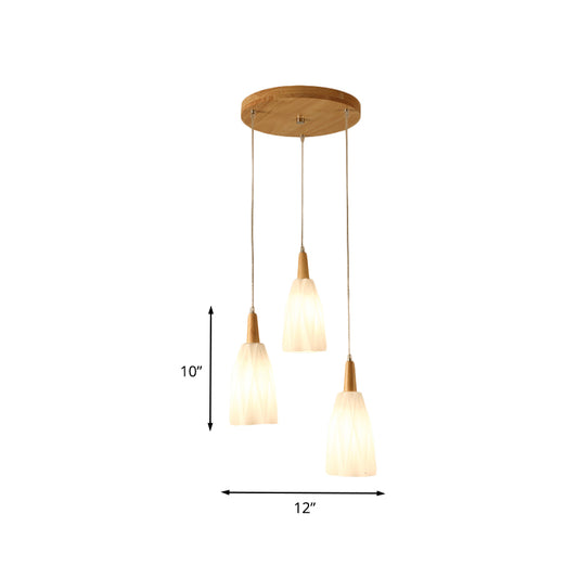 White Glass Prismatic Cluster Pendant Japanese 3-Light Hanging Lamp Kit with Round Wood Canopy Clearhalo 'Ceiling Lights' 'Chandeliers' 'Glass shade' 'Glass' 'Modern Pendants' 'Modern' 'Pendant Lights' 'Pendants' Lighting' 731498
