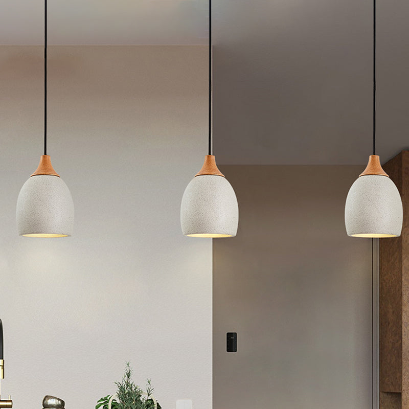 Modern Nordic Domed Hanging Light Cement 1 Bulb Coffee Shop Pendant Lamp in Light Grey with Wood Top Light Gray Clearhalo 'Ceiling Lights' 'Modern Pendants' 'Modern' 'Pendant Lights' 'Pendants' Lighting' 731543