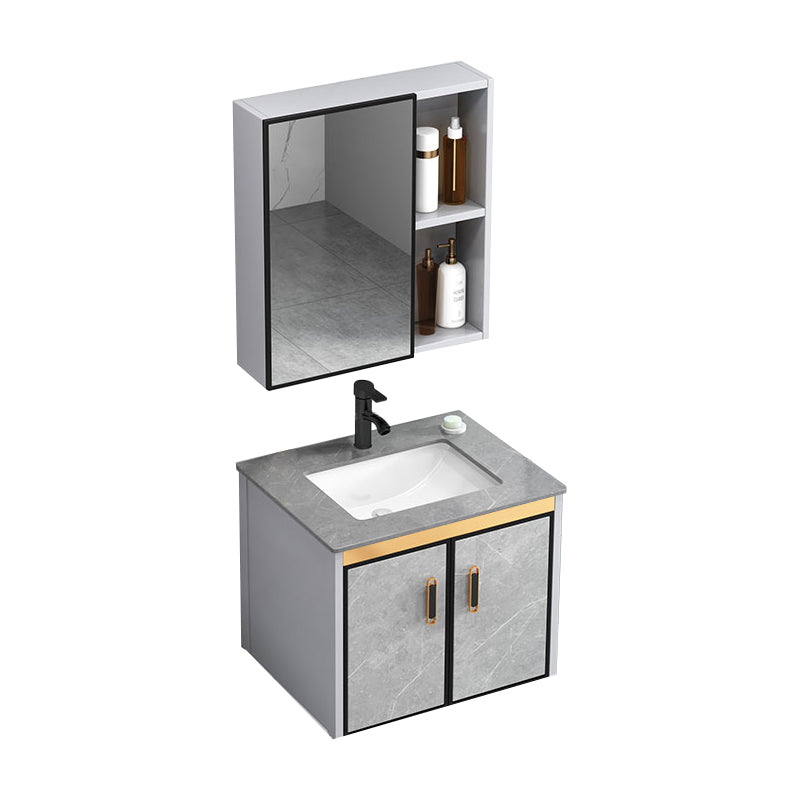 Modern Gray Stone Vanity Set Single-Sink Wall Mount Rectangular Vanity Set Vanity & Faucet & Mirror Cabinet 24"L x 16"W x 15"H Stone Clearhalo 'Bathroom Remodel & Bathroom Fixtures' 'Bathroom Vanities' 'bathroom_vanities' 'Home Improvement' 'home_improvement' 'home_improvement_bathroom_vanities' 7316698