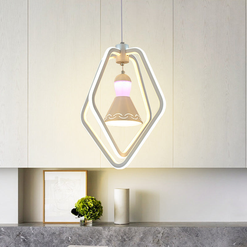 Acrylic Dual Pentagon Frame Hanging Lighting Minimalist LED White Pendant Lamp with Bell Inside Clearhalo 'Ceiling Lights' 'Chandeliers' 'Modern Chandeliers' 'Modern' Lighting' 731714