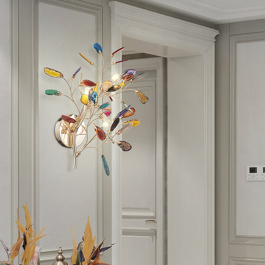 Gold Branching Wall Lighting Contemporary 2/3-Light Metallic LED Wall Mount Sconce with Leaf Agate Deco Clearhalo 'Cast Iron' 'Glass' 'Industrial' 'Modern wall lights' 'Modern' 'Tiffany' 'Traditional wall lights' 'Wall Lamps & Sconces' 'Wall Lights' Lighting' 731763