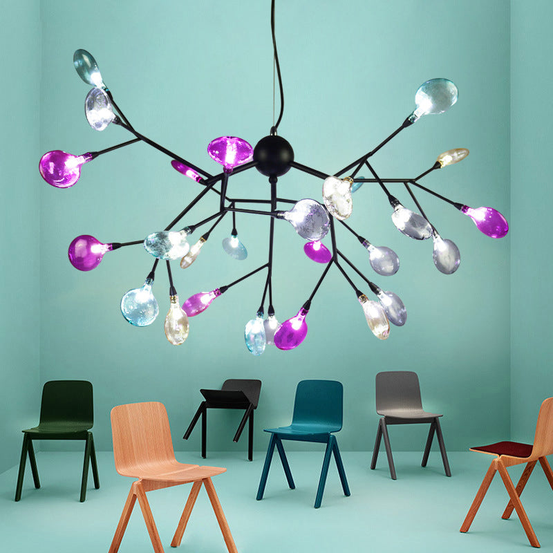 Black Branching Chandelier Contemporary 27/36 Lights Metal Hanging Ceiling Lamp with Leaf Colorful Glass Shade 27 Black Clearhalo 'Ceiling Lights' 'Chandeliers' 'Close To Ceiling Lights' 'Glass shade' 'Glass' 'Modern Chandeliers' 'Modern' Lighting' 731787