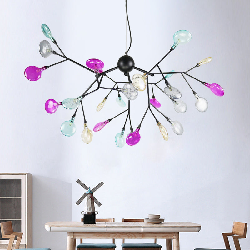 Black Branching Chandelier Contemporary 27/36 Lights Metal Hanging Ceiling Lamp with Leaf Colorful Glass Shade Clearhalo 'Ceiling Lights' 'Chandeliers' 'Close To Ceiling Lights' 'Glass shade' 'Glass' 'Modern Chandeliers' 'Modern' Lighting' 731788