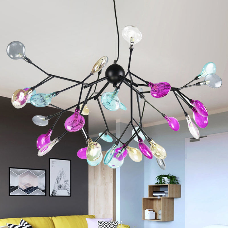 Black Branching Chandelier Contemporary 27/36 Lights Metal Hanging Ceiling Lamp with Leaf Colorful Glass Shade 36 Black Clearhalo 'Ceiling Lights' 'Chandeliers' 'Close To Ceiling Lights' 'Glass shade' 'Glass' 'Modern Chandeliers' 'Modern' Lighting' 731792