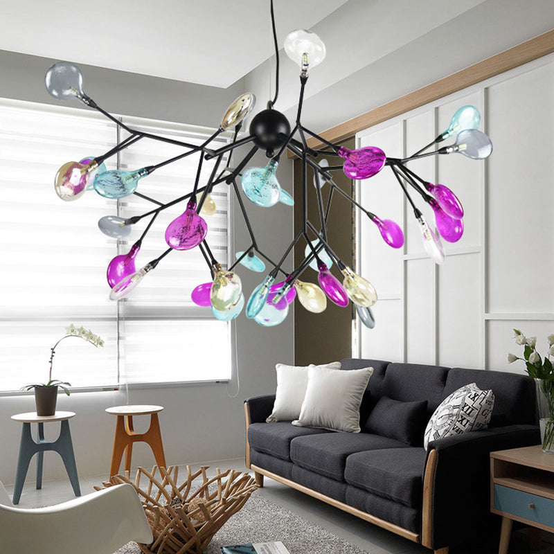 Black Branching Chandelier Contemporary 27/36 Lights Metal Hanging Ceiling Lamp with Leaf Colorful Glass Shade Clearhalo 'Ceiling Lights' 'Chandeliers' 'Close To Ceiling Lights' 'Glass shade' 'Glass' 'Modern Chandeliers' 'Modern' Lighting' 731793