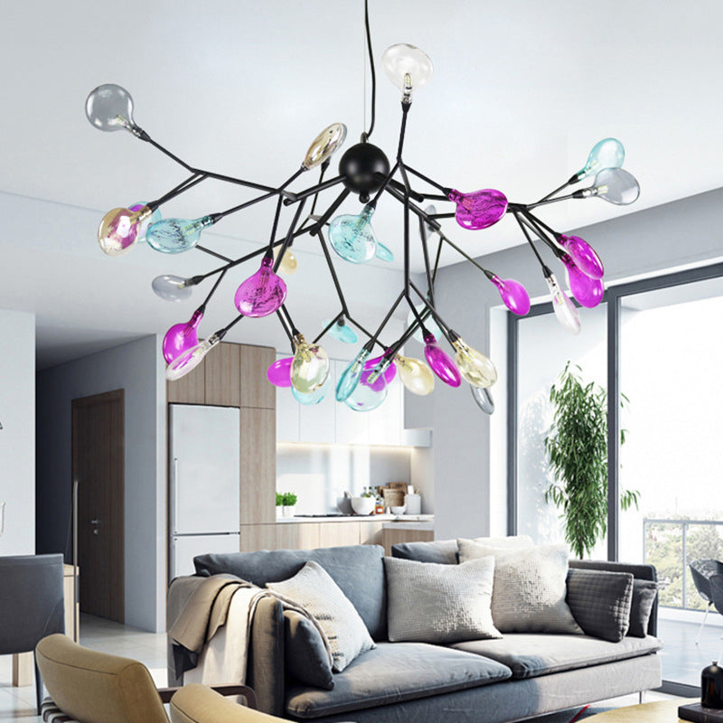 Black Branching Chandelier Contemporary 27/36 Lights Metal Hanging Ceiling Lamp with Leaf Colorful Glass Shade Clearhalo 'Ceiling Lights' 'Chandeliers' 'Close To Ceiling Lights' 'Glass shade' 'Glass' 'Modern Chandeliers' 'Modern' Lighting' 731794