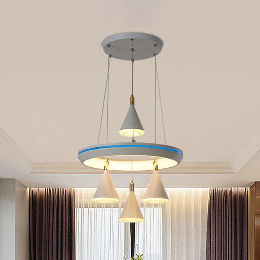 Acrylic Conical LED Cluster Pendant Light Modernism 4-Head Suspension Lamp in White with Ring Shelf Clearhalo 'Ceiling Lights' 'Modern Pendants' 'Modern' 'Pendant Lights' 'Pendants' Lighting' 731828