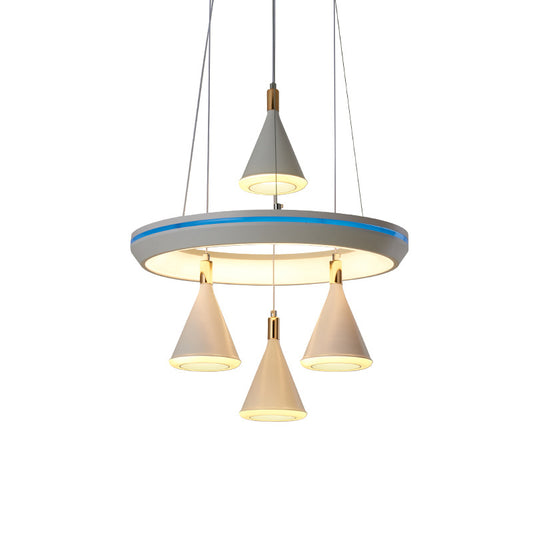 Acrylic Conical LED Cluster Pendant Light Modernism 4-Head Suspension Lamp in White with Ring Shelf Clearhalo 'Ceiling Lights' 'Modern Pendants' 'Modern' 'Pendant Lights' 'Pendants' Lighting' 731830
