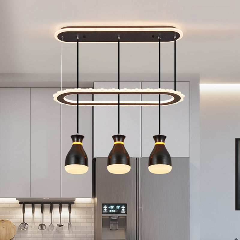 Wine Jar Dining Room Multi Light Pendant Acrylic 3 Heads Minimalism LED Ceiling Hang Fixture with Oval Ring Shelf in White/Black Black Clearhalo 'Ceiling Lights' 'Modern Pendants' 'Modern' 'Pendant Lights' 'Pendants' Lighting' 731842