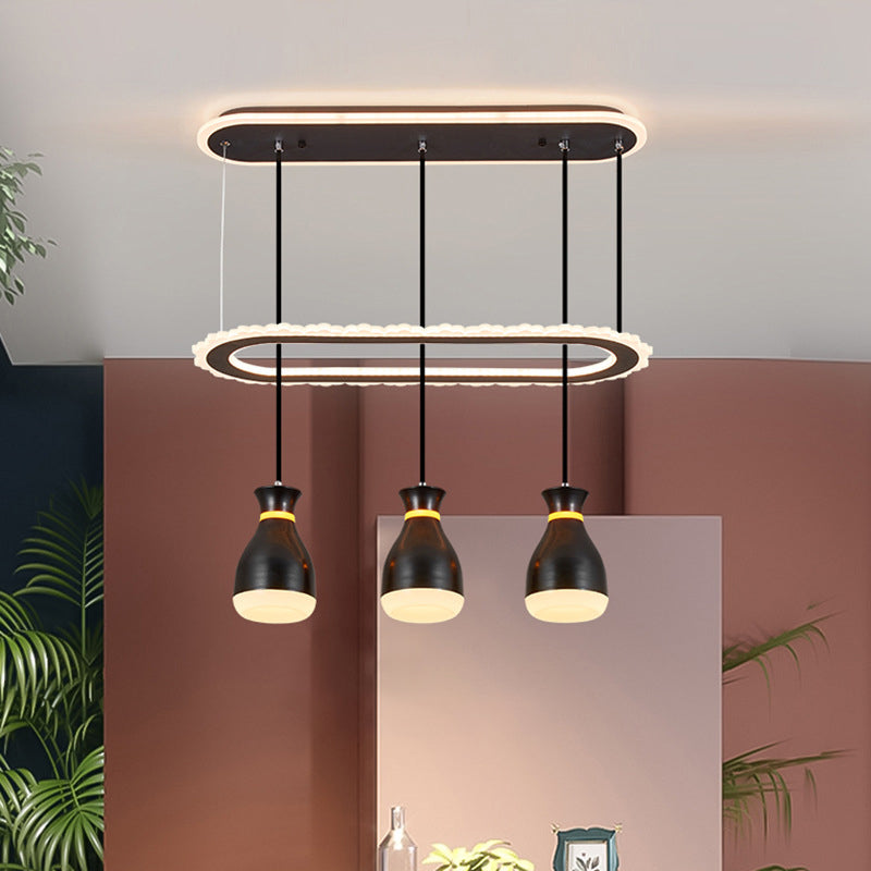 Wine Jar Dining Room Multi Light Pendant Acrylic 3 Heads Minimalism LED Ceiling Hang Fixture with Oval Ring Shelf in White/Black Clearhalo 'Ceiling Lights' 'Modern Pendants' 'Modern' 'Pendant Lights' 'Pendants' Lighting' 731843