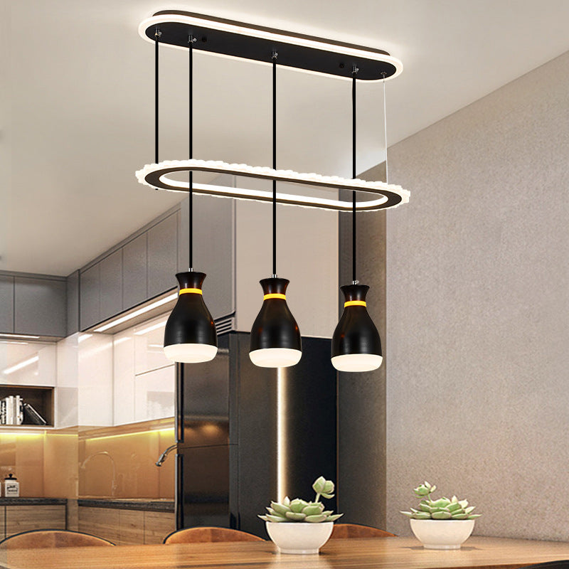 Wine Jar Dining Room Multi Light Pendant Acrylic 3 Heads Minimalism LED Ceiling Hang Fixture with Oval Ring Shelf in White/Black Clearhalo 'Ceiling Lights' 'Modern Pendants' 'Modern' 'Pendant Lights' 'Pendants' Lighting' 731844