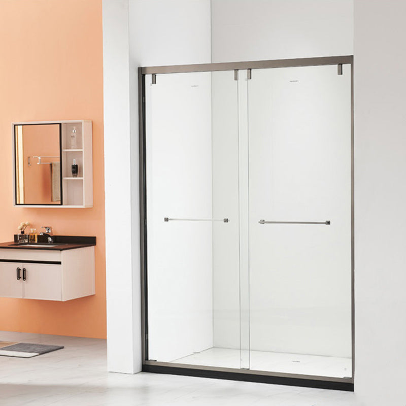 Double Sliding Semi Frameless Shower Bath Door Stainless Steel Handle Shower Door 71"L x 79"H Clearhalo 'Bathroom Remodel & Bathroom Fixtures' 'Home Improvement' 'home_improvement' 'home_improvement_shower_tub_doors' 'Shower and Tub Doors' 'shower_tub_doors' 'Showers & Bathtubs' 7319164