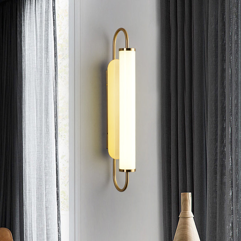 Post Modern LED Wall Light Sconce Brass Finish Tubular Wall Mount Lamp with Opal Glass Shade for Stairway Brass Clearhalo 'Cast Iron' 'Glass' 'Industrial' 'Modern wall lights' 'Modern' 'Tiffany' 'Traditional wall lights' 'Wall Lamps & Sconces' 'Wall Lights' Lighting' 732049