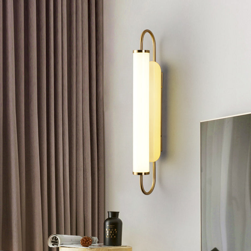 Post Modern LED Wall Light Sconce Brass Finish Tubular Wall Mount Lamp with Opal Glass Shade for Stairway Clearhalo 'Cast Iron' 'Glass' 'Industrial' 'Modern wall lights' 'Modern' 'Tiffany' 'Traditional wall lights' 'Wall Lamps & Sconces' 'Wall Lights' Lighting' 732050