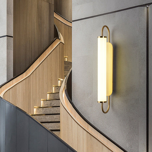 Post Modern LED Wall Light Sconce Brass Finish Tubular Wall Mount Lamp with Opal Glass Shade for Stairway Clearhalo 'Cast Iron' 'Glass' 'Industrial' 'Modern wall lights' 'Modern' 'Tiffany' 'Traditional wall lights' 'Wall Lamps & Sconces' 'Wall Lights' Lighting' 732051