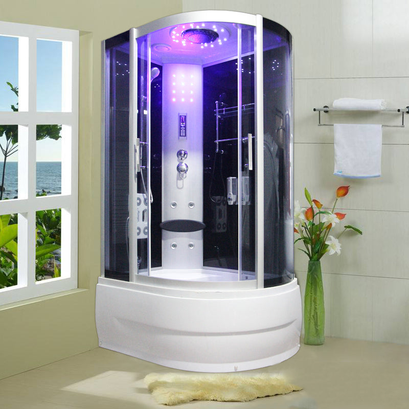 Round Tempered Glass Shower Enclosure with Base Kit Framed Tub & Shower Kit Silver Black 43"L x 31"W x 85"H Clearhalo 'Bathroom Remodel & Bathroom Fixtures' 'Home Improvement' 'home_improvement' 'home_improvement_shower_stalls_enclosures' 'Shower Stalls & Enclosures' 'shower_stalls_enclosures' 'Showers & Bathtubs' 7322812