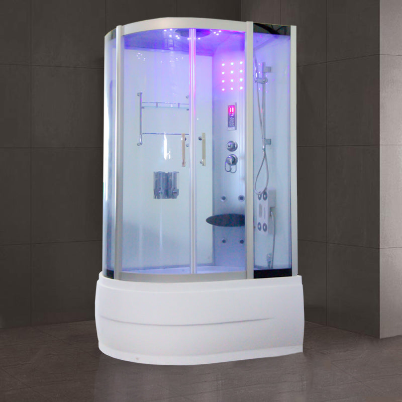 Round Tempered Glass Shower Enclosure with Base Kit Framed Tub & Shower Kit Silvery White 43"L x 31"W x 85"H Clearhalo 'Bathroom Remodel & Bathroom Fixtures' 'Home Improvement' 'home_improvement' 'home_improvement_shower_stalls_enclosures' 'Shower Stalls & Enclosures' 'shower_stalls_enclosures' 'Showers & Bathtubs' 7322815