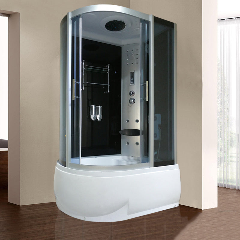Round Tempered Glass Shower Enclosure with Base Kit Framed Tub & Shower Kit Silver Black 47.2"L x 31.5"W x 84.6"H Clearhalo 'Bathroom Remodel & Bathroom Fixtures' 'Home Improvement' 'home_improvement' 'home_improvement_shower_stalls_enclosures' 'Shower Stalls & Enclosures' 'shower_stalls_enclosures' 'Showers & Bathtubs' 7322817