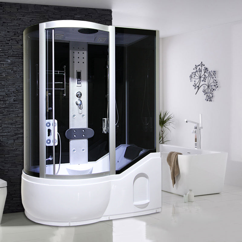 Round Tempered Glass Shower Enclosure with Base Kit Framed Tub & Shower Kit Silver Black 51"L x 33"W x 85"H Clearhalo 'Bathroom Remodel & Bathroom Fixtures' 'Home Improvement' 'home_improvement' 'home_improvement_shower_stalls_enclosures' 'Shower Stalls & Enclosures' 'shower_stalls_enclosures' 'Showers & Bathtubs' 7322822