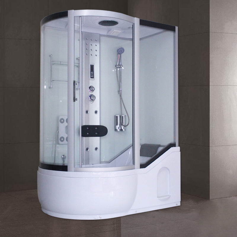 Round Tempered Glass Shower Enclosure with Base Kit Framed Tub & Shower Kit Silvery White 55"L x 33"W x 85"H Clearhalo 'Bathroom Remodel & Bathroom Fixtures' 'Home Improvement' 'home_improvement' 'home_improvement_shower_stalls_enclosures' 'Shower Stalls & Enclosures' 'shower_stalls_enclosures' 'Showers & Bathtubs' 7322827