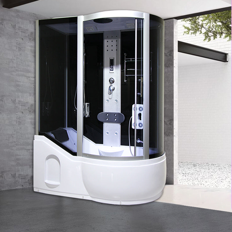 Round Tempered Glass Shower Enclosure with Base Kit Framed Tub & Shower Kit Silver Black 55"L x 33"W x 85"H Clearhalo 'Bathroom Remodel & Bathroom Fixtures' 'Home Improvement' 'home_improvement' 'home_improvement_shower_stalls_enclosures' 'Shower Stalls & Enclosures' 'shower_stalls_enclosures' 'Showers & Bathtubs' 7322828