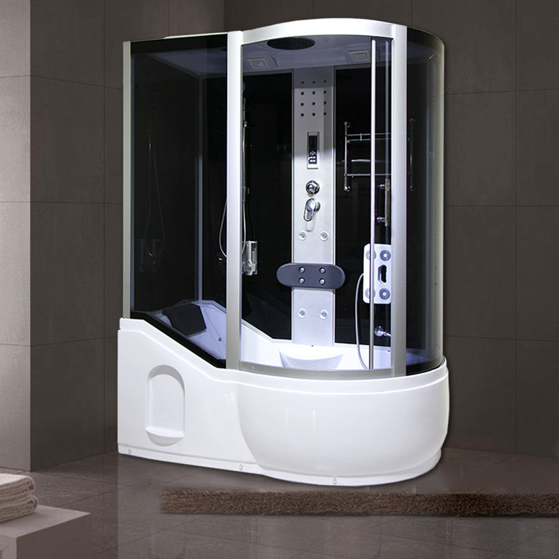 Round Tempered Glass Shower Enclosure with Base Kit Framed Tub & Shower Kit Silver Black 59"L x 35"W x 85"H Clearhalo 'Bathroom Remodel & Bathroom Fixtures' 'Home Improvement' 'home_improvement' 'home_improvement_shower_stalls_enclosures' 'Shower Stalls & Enclosures' 'shower_stalls_enclosures' 'Showers & Bathtubs' 7322830