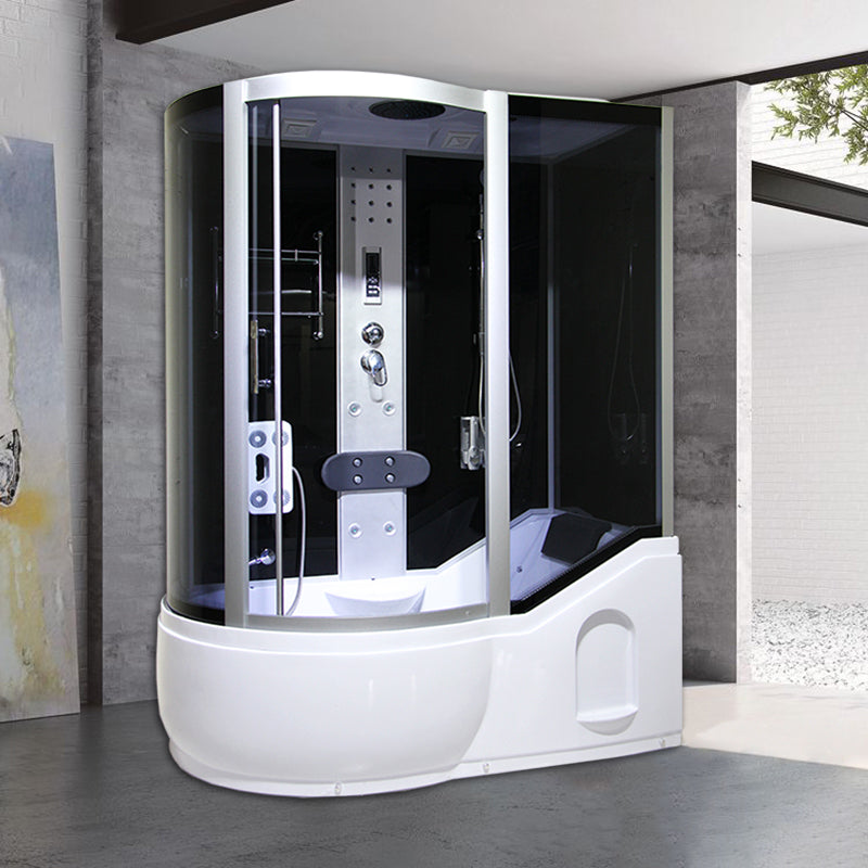 Round Tempered Glass Shower Enclosure with Base Kit Framed Tub & Shower Kit Silver Black 63"L x 35"W x 85"H Clearhalo 'Bathroom Remodel & Bathroom Fixtures' 'Home Improvement' 'home_improvement' 'home_improvement_shower_stalls_enclosures' 'Shower Stalls & Enclosures' 'shower_stalls_enclosures' 'Showers & Bathtubs' 7322832