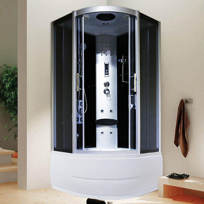 Round Tempered Glass Shower Enclosure with Base Kit Framed Tub & Shower Kit Silver Black 35.4"L x 35.4"W x 84.6"H Clearhalo 'Bathroom Remodel & Bathroom Fixtures' 'Home Improvement' 'home_improvement' 'home_improvement_shower_stalls_enclosures' 'Shower Stalls & Enclosures' 'shower_stalls_enclosures' 'Showers & Bathtubs' 7322836