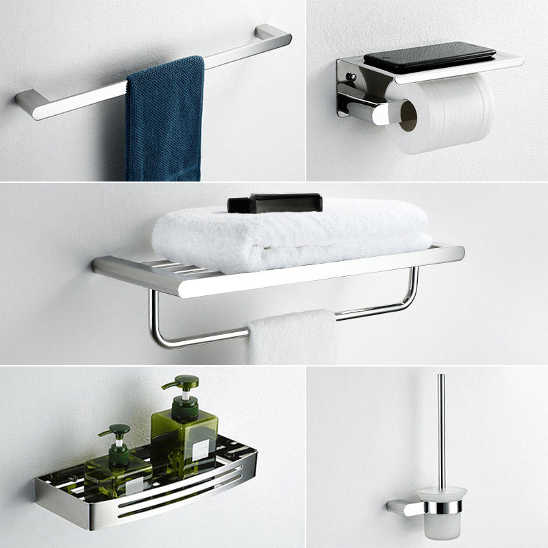 Contemporary Bathroom Accessory As Individual Or As a Set in Silver 5-Piece Set (Square Bath Shelf) Clearhalo 'Bathroom Hardware Sets' 'Bathroom Hardware' 'Bathroom Remodel & Bathroom Fixtures' 'bathroom_hardware_sets' 'Home Improvement' 'home_improvement' 'home_improvement_bathroom_hardware_sets' 7322936