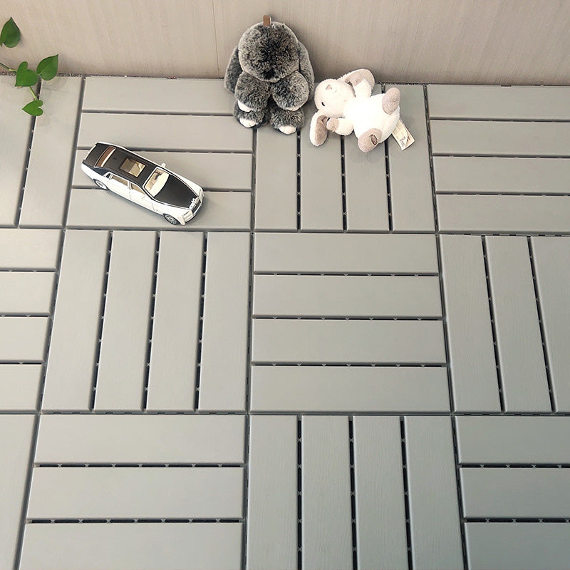 4-Slat 12" X 12" PVC Floor Tiles Interlocking Installation Floor Board Tiles Light Gray Straight Row Clearhalo 'Home Improvement' 'home_improvement' 'home_improvement_outdoor_deck_tiles_planks' 'Outdoor Deck Tiles & Planks' 'Outdoor Flooring & Tile' 'Outdoor Remodel' 'outdoor_deck_tiles_planks' 7323757