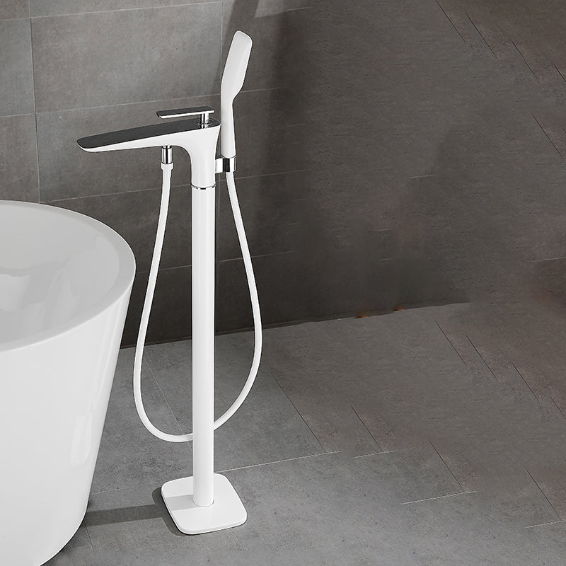 Contemporary Bathroom Faucet Floor Mounted Copper One Handle Fixed Freestanding Tub Filler White Square Handle Hand Shower Included Clearhalo 'Bathroom Remodel & Bathroom Fixtures' 'Bathtub Faucets' 'bathtub_faucets' 'Home Improvement' 'home_improvement' 'home_improvement_bathtub_faucets' 7323927