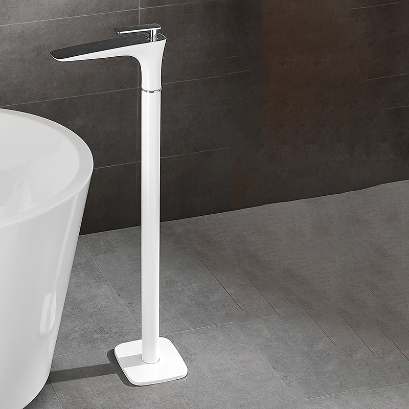 Contemporary Bathroom Faucet Floor Mounted Copper One Handle Fixed Freestanding Tub Filler White Square Handle Hand Shower Not Included Clearhalo 'Bathroom Remodel & Bathroom Fixtures' 'Bathtub Faucets' 'bathtub_faucets' 'Home Improvement' 'home_improvement' 'home_improvement_bathtub_faucets' 7323929