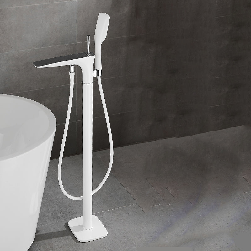Contemporary Bathroom Faucet Floor Mounted Copper One Handle Fixed Freestanding Tub Filler White Scroll Hand Shower Included Clearhalo 'Bathroom Remodel & Bathroom Fixtures' 'Bathtub Faucets' 'bathtub_faucets' 'Home Improvement' 'home_improvement' 'home_improvement_bathtub_faucets' 7323930
