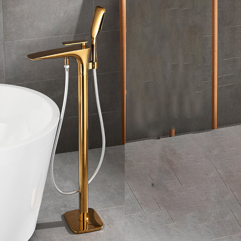 Contemporary Bathroom Faucet Floor Mounted Copper One Handle Fixed Freestanding Tub Filler Gold Square Handle Hand Shower Included Clearhalo 'Bathroom Remodel & Bathroom Fixtures' 'Bathtub Faucets' 'bathtub_faucets' 'Home Improvement' 'home_improvement' 'home_improvement_bathtub_faucets' 7323935