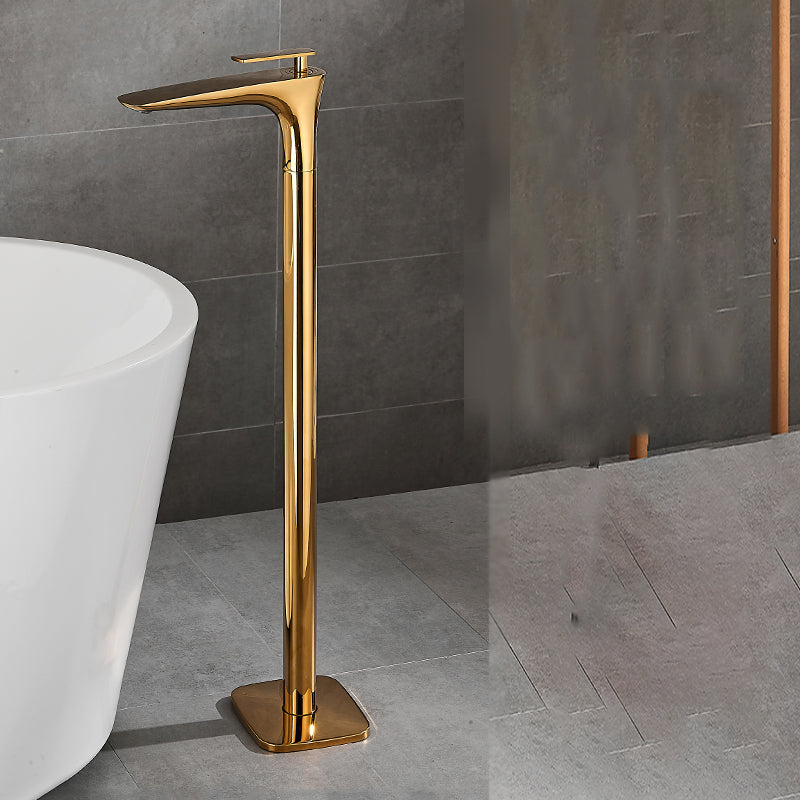 Contemporary Bathroom Faucet Floor Mounted Copper One Handle Fixed Freestanding Tub Filler Gold Square Handle Hand Shower Not Included Clearhalo 'Bathroom Remodel & Bathroom Fixtures' 'Bathtub Faucets' 'bathtub_faucets' 'Home Improvement' 'home_improvement' 'home_improvement_bathtub_faucets' 7323937