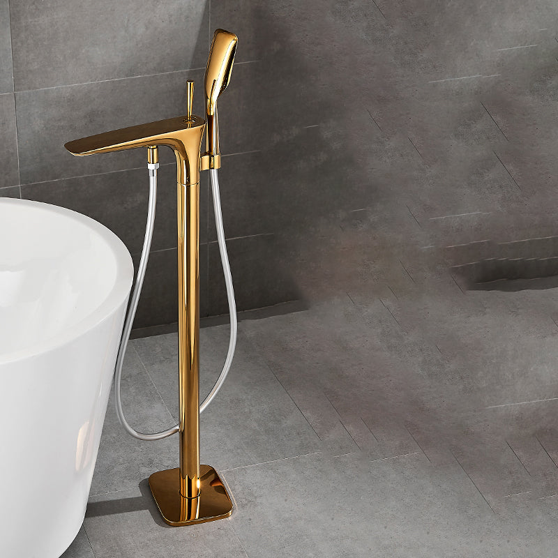 Contemporary Bathroom Faucet Floor Mounted Copper One Handle Fixed Freestanding Tub Filler Gold Scroll Hand Shower Included Clearhalo 'Bathroom Remodel & Bathroom Fixtures' 'Bathtub Faucets' 'bathtub_faucets' 'Home Improvement' 'home_improvement' 'home_improvement_bathtub_faucets' 7323938