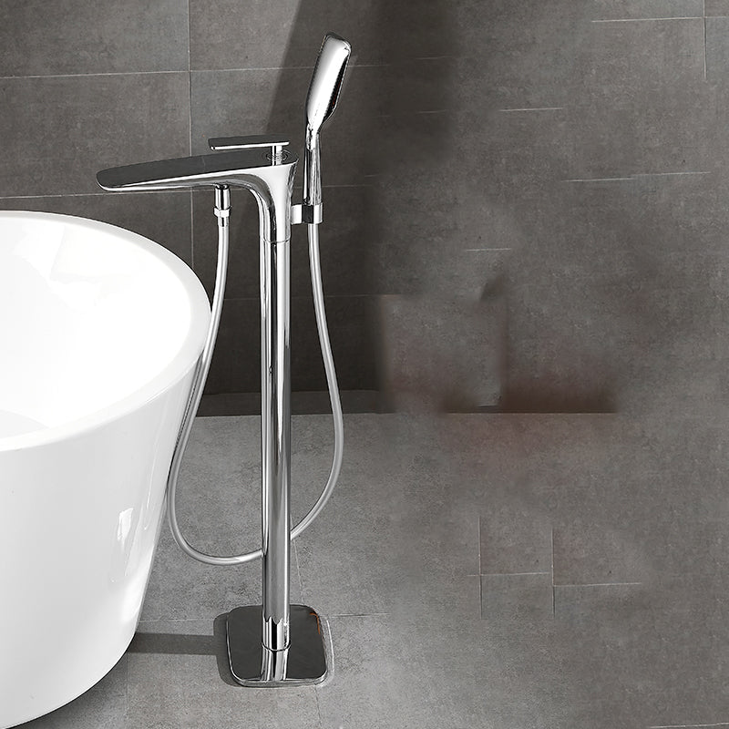 Contemporary Bathroom Faucet Floor Mounted Copper One Handle Fixed Freestanding Tub Filler Chrome Square Handle Hand Shower Included Clearhalo 'Bathroom Remodel & Bathroom Fixtures' 'Bathtub Faucets' 'bathtub_faucets' 'Home Improvement' 'home_improvement' 'home_improvement_bathtub_faucets' 7323944