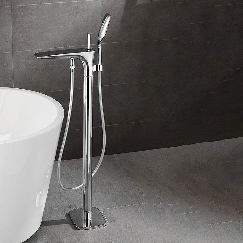 Contemporary Bathroom Faucet Floor Mounted Copper One Handle Fixed Freestanding Tub Filler Chrome Scroll Hand Shower Included Clearhalo 'Bathroom Remodel & Bathroom Fixtures' 'Bathtub Faucets' 'bathtub_faucets' 'Home Improvement' 'home_improvement' 'home_improvement_bathtub_faucets' 7323946