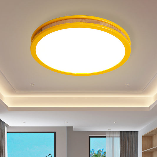 Yellow Round Flushmount Macaroon LED Wood Ceiling Flush Mount for Bedroom, 12"/16" Dia Yellow Clearhalo 'Ceiling Lights' 'Close To Ceiling Lights' 'Close to ceiling' 'Flush mount' Lighting' 732403