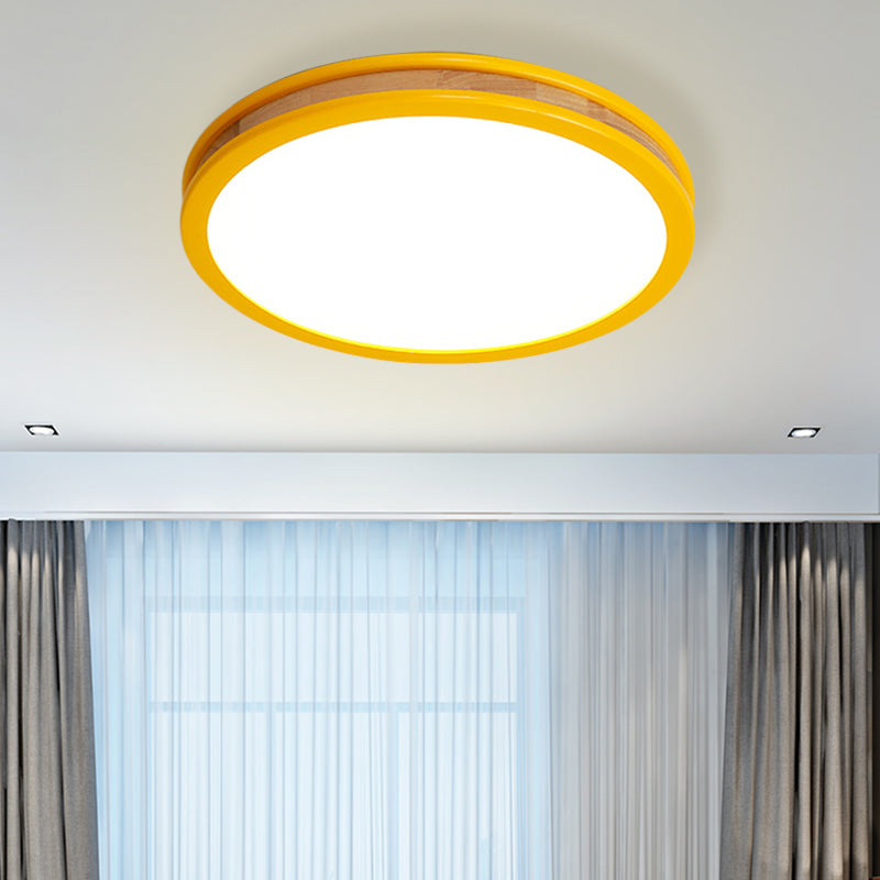 Yellow Round Flushmount Macaroon LED Wood Ceiling Flush Mount for Bedroom, 12"/16" Dia Clearhalo 'Ceiling Lights' 'Close To Ceiling Lights' 'Close to ceiling' 'Flush mount' Lighting' 732404