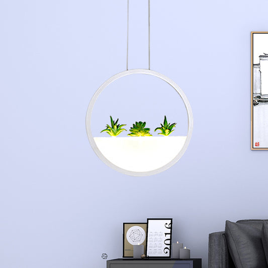 Circular Bedside Pendant Modernist 11"/14" Wide LED Acrylic Hanging Ceiling Lamp in White with Plant Decor, White/Warm Light White