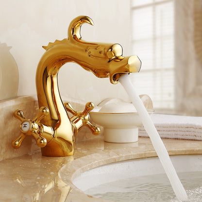 Vintage Wide Spread Bathroom Faucet Cross Handles Centerset Faucet Gold 7.7" Shut-off Valve Not Included Clearhalo 'Bathroom Remodel & Bathroom Fixtures' 'Bathroom Sink Faucets' 'Bathroom Sinks & Faucet Components' 'bathroom_sink_faucets' 'Home Improvement' 'home_improvement' 'home_improvement_bathroom_sink_faucets' 7325046