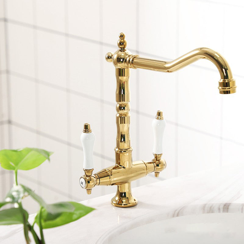 Industrial Wide Spread Bathroom Faucet Lever Handles Lavatory Faucet Gold Clearhalo 'Bathroom Remodel & Bathroom Fixtures' 'Bathroom Sink Faucets' 'Bathroom Sinks & Faucet Components' 'bathroom_sink_faucets' 'Home Improvement' 'home_improvement' 'home_improvement_bathroom_sink_faucets' 7325079