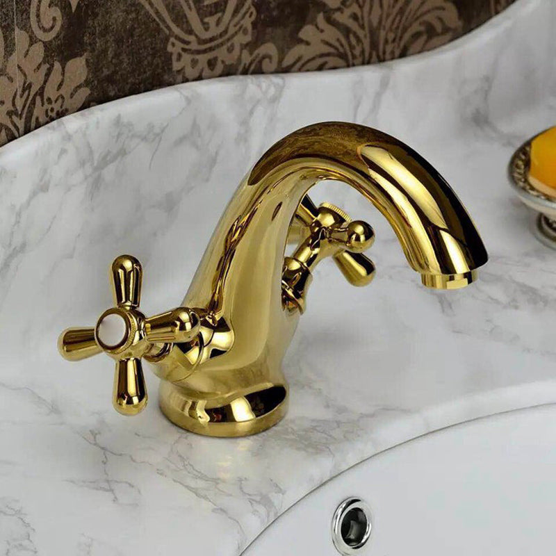Industrial Wide Spread Bathroom Cross Handles Centerset Faucet Gold Clearhalo 'Bathroom Remodel & Bathroom Fixtures' 'Bathroom Sink Faucets' 'Bathroom Sinks & Faucet Components' 'bathroom_sink_faucets' 'Home Improvement' 'home_improvement' 'home_improvement_bathroom_sink_faucets' 7325090