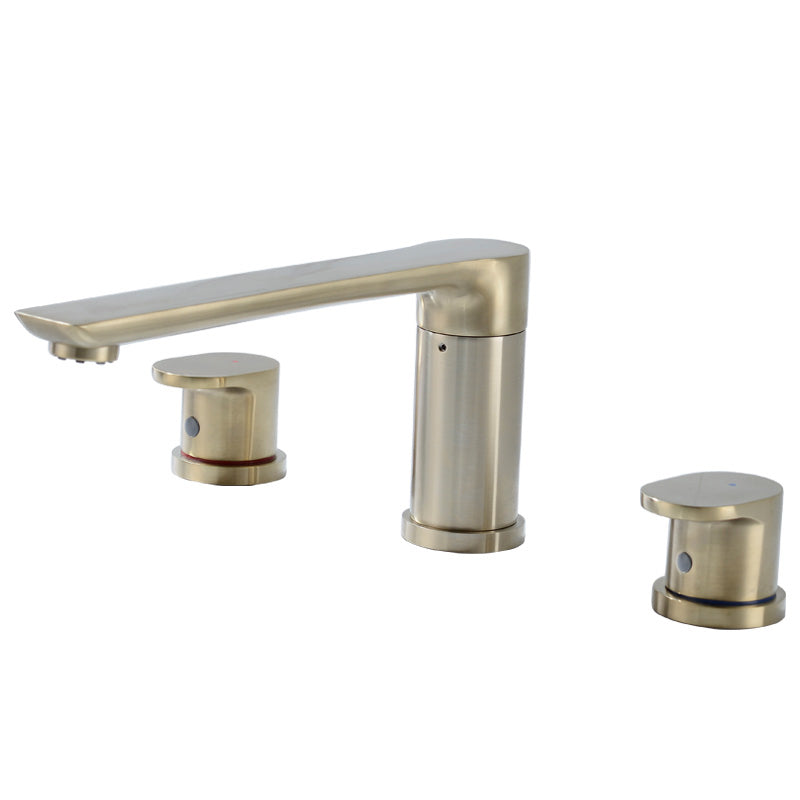 Contemporary Bathroom Faucet Deck Mounted Copper Two Handle Swivel Roman Tub Faucet Set Gold Round 3 Hole Faucets Clearhalo 'Bathroom Remodel & Bathroom Fixtures' 'Bathtub Faucets' 'bathtub_faucets' 'Home Improvement' 'home_improvement' 'home_improvement_bathtub_faucets' 7325141