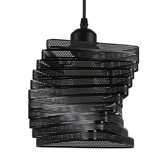 1 Bulb Twist Mesh Screen Pendant Light Industrial Black/White Metal Hanging Lamp with Triangle Shade Clearhalo 'Art Deco Pendants' 'Black' 'Cast Iron' 'Ceiling Lights' 'Ceramic' 'Crystal' 'Industrial Pendants' 'Industrial' 'Metal' 'Middle Century Pendants' 'Pendant Lights' 'Pendants' 'Rustic Pendants' 'Tiffany' Lighting' 73253