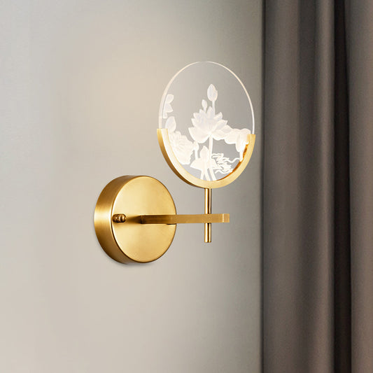 Gold Circle Panel Sconce Light Fixture Post Modern LED Acrylic Wall Lamp with Lotus Pattern in White/Warm Light Clearhalo 'Cast Iron' 'Glass' 'Industrial' 'Modern wall lights' 'Modern' 'Tiffany' 'Traditional wall lights' 'Wall Lamps & Sconces' 'Wall Lights' Lighting' 732654