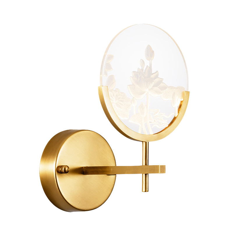 Gold Circle Panel Sconce Light Fixture Post Modern LED Acrylic Wall Lamp with Lotus Pattern in White/Warm Light Clearhalo 'Cast Iron' 'Glass' 'Industrial' 'Modern wall lights' 'Modern' 'Tiffany' 'Traditional wall lights' 'Wall Lamps & Sconces' 'Wall Lights' Lighting' 732655